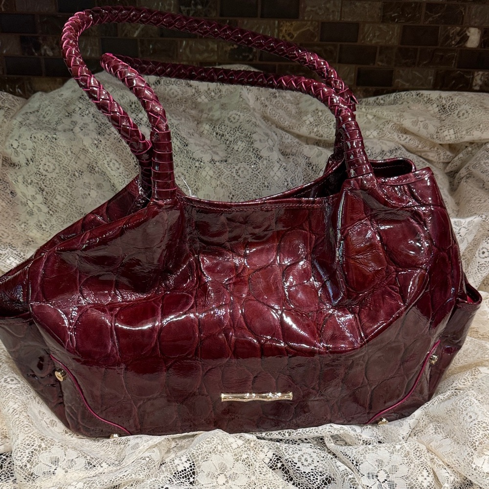 Elaine Turner Large Patent Leather Burgundy Handbag with Scarf